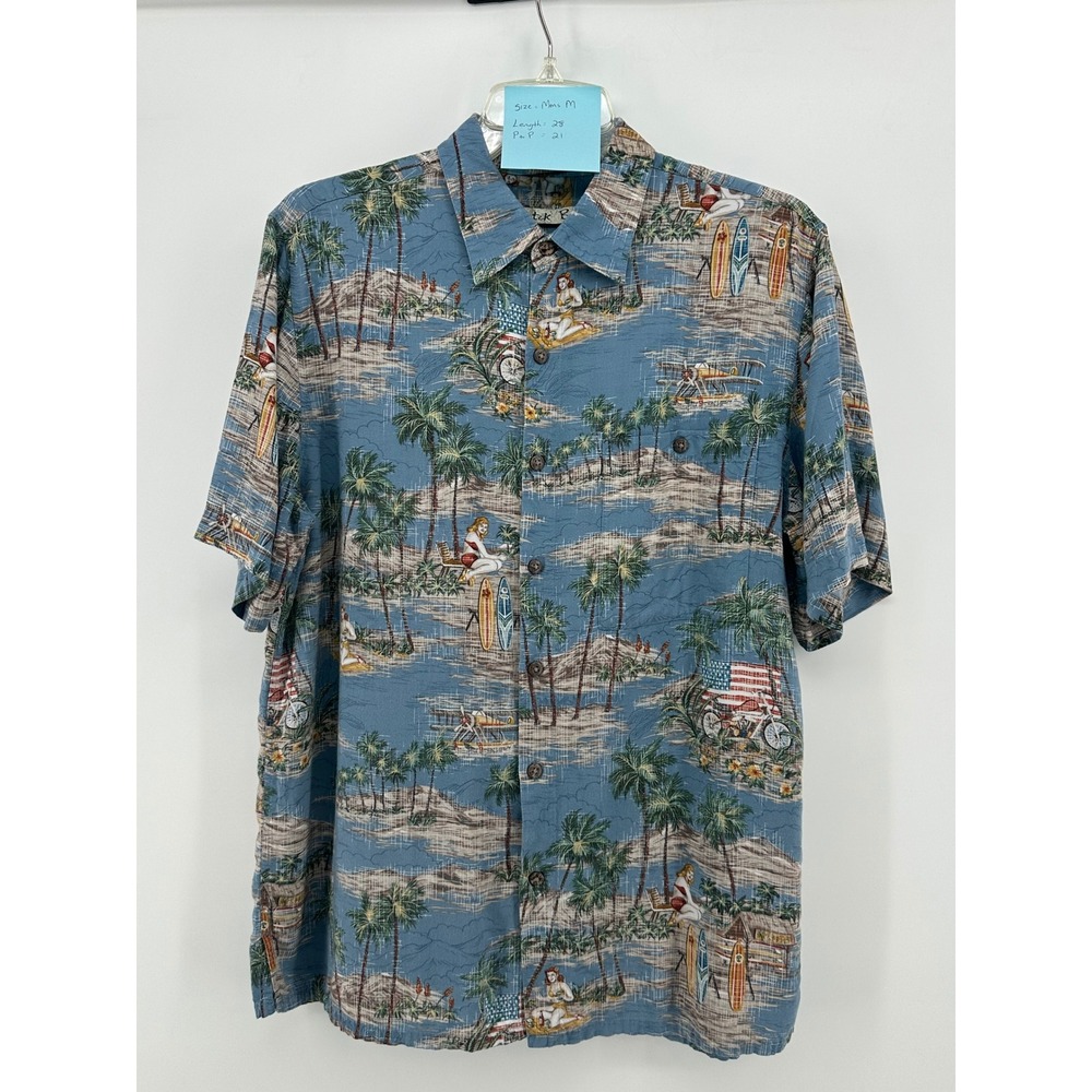 Batik Bay Mens Medium Blue Tropical Pin-Up Girl Motorcycle Rayon Hawaiian Shirt
